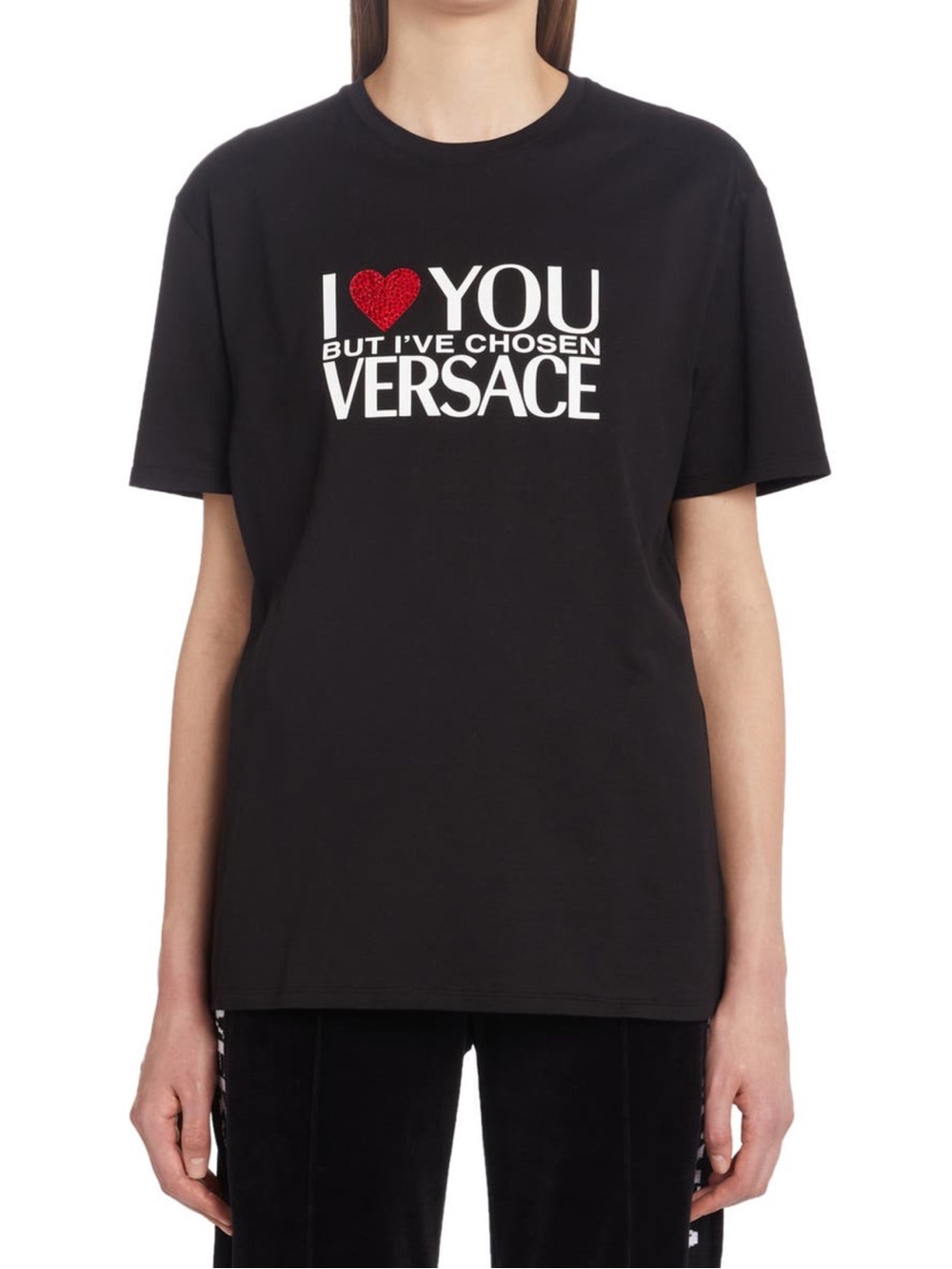 Versace Women's I Love Versace Hotfix Heart Cotton Graphic Tee Size 46 Black NEW